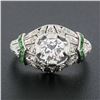 Image 3 : Antique Art Deco Plat GIA European Diamond & Emerald Mil grain Etched Domed Ring