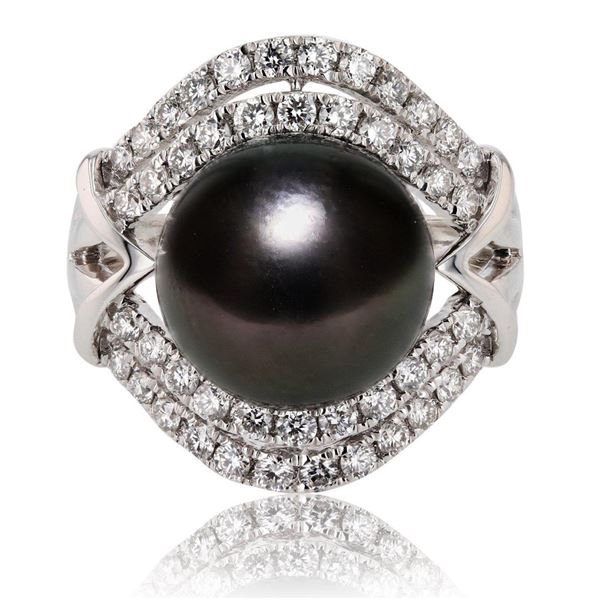 12mm Tahitian Pearl and 0.97 ctw Diamond Platinum Ring