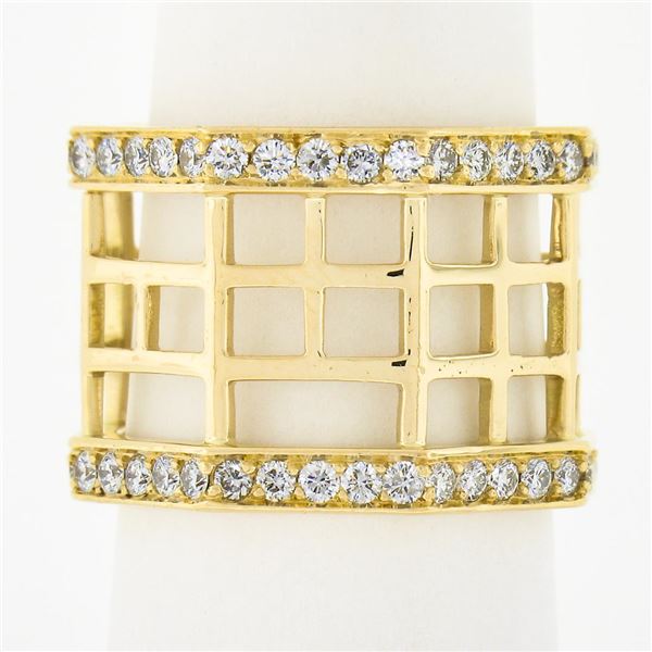 Estate 18k Yellow Gold 1.4 ctw Diamond Open Geometric 15mm Wide Band Ring size 6