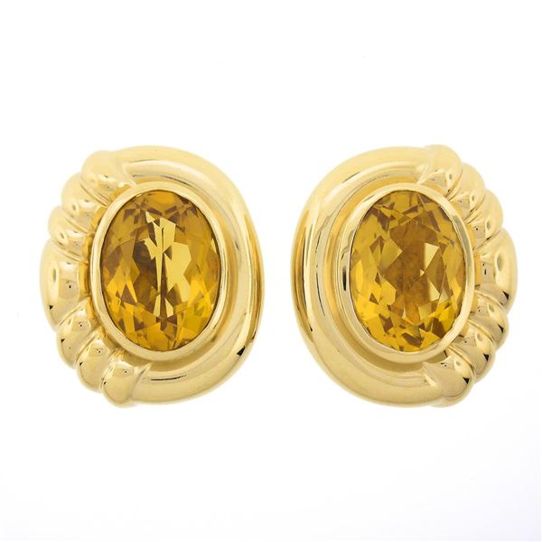 Vintage 14K Gold 11 ctw Large Oval Bezel Citrine Polished Frame Clip On Earrings