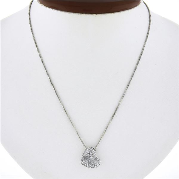 Italian 14k White Gold 1.0 ctw Pave Diamond Heart Slide Pendant w/ 16" Wheat Cha