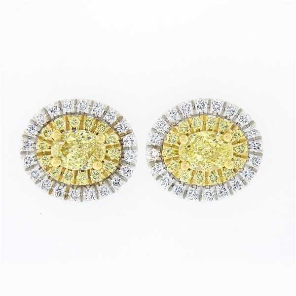 NEW 18K TT Gold 1.0 ctw Fancy Yellow & White Diamond Dual Halo Oval Stud Earring