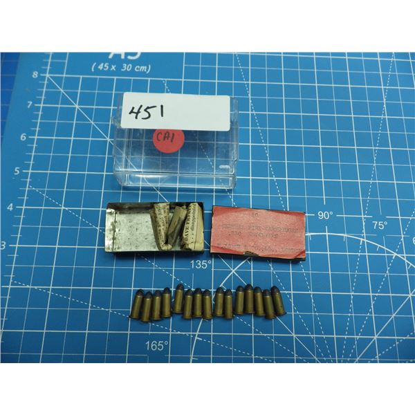 15 unfired rare .230 revolver cartridges in tin box with label which reads, 50 CENTRAL FIRE CARTRIDG