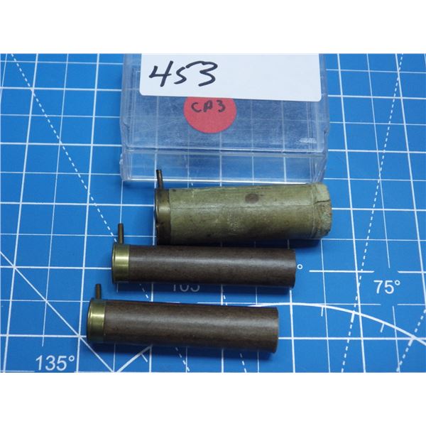 3 empty pinfire shotgun paper cases, head stamps read Sellier & Bellot 12, M-G& Cl 14 MM, M-G&Cl PAR