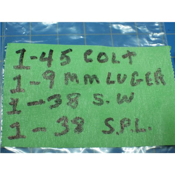 Pistol Collector Ammunition, 45 Colt, 9MM Lugar, 38 Smith and Wesson, 38 special.