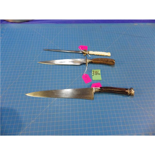 A lot of 3 knives, two made up from meat carving sets and the last a letter opener with an ivory han