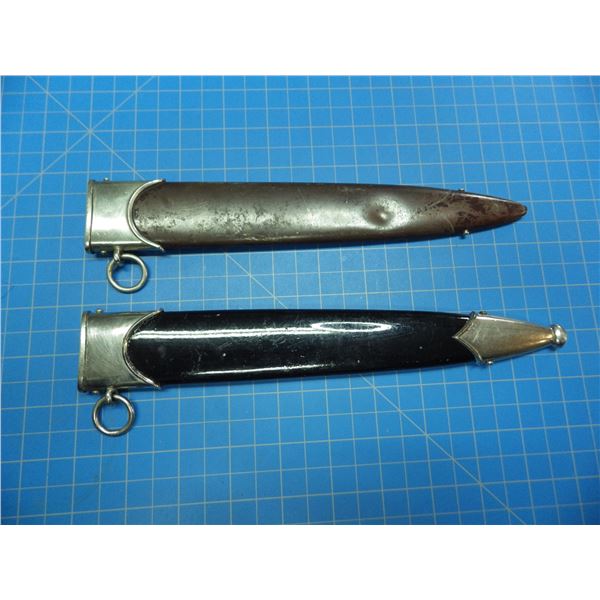 2 metal scabbards for SA dagger type, 10" or 250 mm long, in various conditions,  one scabbard missi