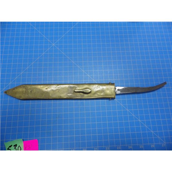 unknown 9 3/4" double edged blade in brass sheath marked 2nd Royal Surry no. 1
