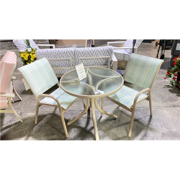 TELESCOPE CASUAL 3 PIECE SET. 2 STACKING ARM CHAIRS AND 30" TABLE SET. ALUMINUM FRAME