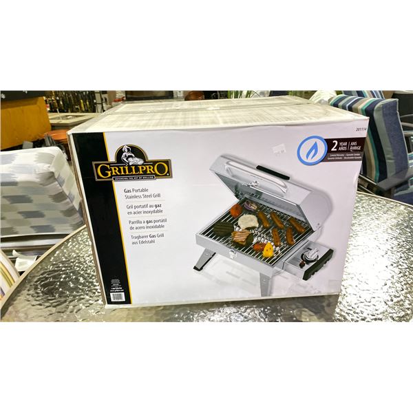 GRILLPRO GAS PORTABLE STAINLESS STEEL GRILL MODEL 201114LP. STAINLESS STEEL TUBE BURNERS,
