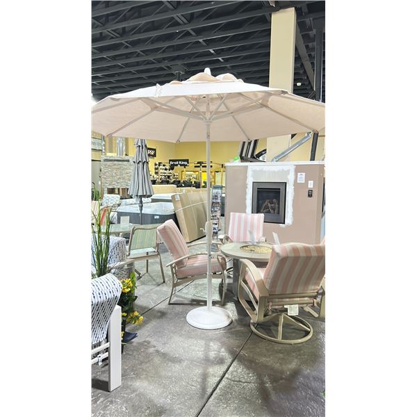 TREASURE GARDEN SUNBRELLA 9' OCTAGONAL AUTO-TILT UMBRELLA WITH METAL BASE. WHITE FRAME WITH TANGO