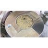 Image 2 : VULSINI 36" ROUND CHAT HEIGHT FIRE TABLE. DRIFTWOOD/QUARRY NATURAL TILE TOP & CHAMPAGNE GLASS.