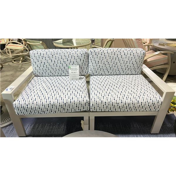 LARSSEN CUSHION TWO SEAT LOVESEAT. WARM GREY FRAME AND ORDERLY LINES NAUTICAL FABRIC. TEXTURED