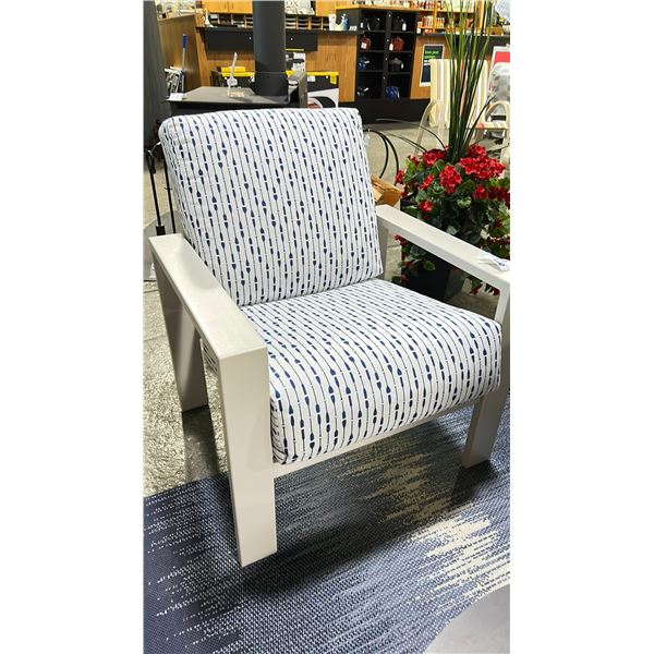 LARSSEN CUSHION ARM CHAIR WITH WARM GREY FRAME AND ORDERLY LINES NAUTICAL FABRIC. TEXTURED POWDER
