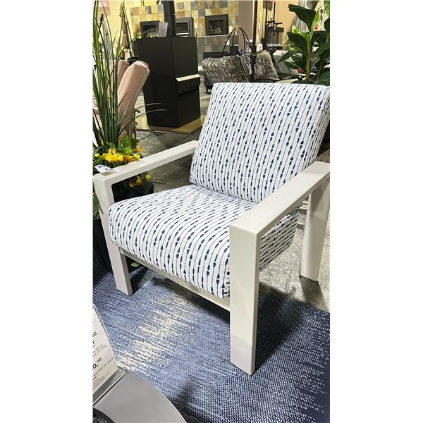 LARSSEN CUSHION ARM CHAIR WITH WARM GREY FRAME AND ORDERLY LINES NAUTICAL FABRIC. TEXTURED POWDER