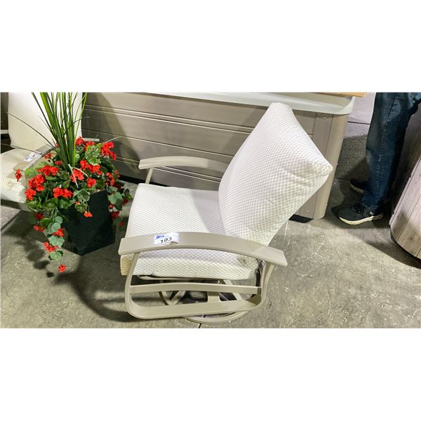 TELESCOPE CASUAL BELLE ISLE CUSHION SWIVEL ROCKER WITH DETAIL LINEN FABRIC AND STORM FRAME. MARINE