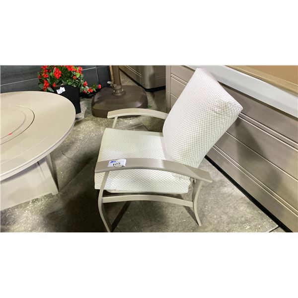 TELESCOPE CASUAL BELLE ISLE CUSHION ARM CHAIR AS SHOWN WITH DETAIL LINEN FABRIC AND STORM FRAME.