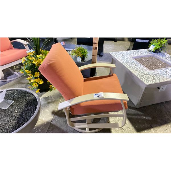 TELESCOPE CASUAL BELLE ISLE CUSHION SWIVEL ROCKER WITH PERSIMMON FABRIC AND DESERT FRAME. MARINE