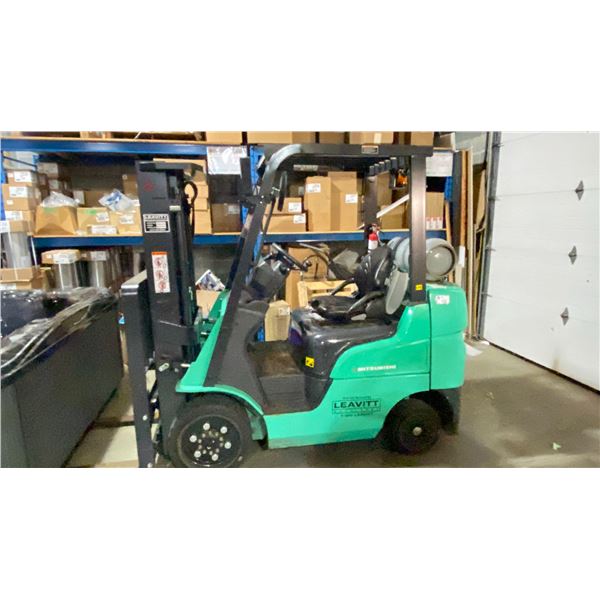 MITSUBISHI MODEL FGC25N FORKLIFT. 5000 LB CAPACITY. ONLY 643 HOURS (MAY VARY SLIGHTLY AS WE ARE
