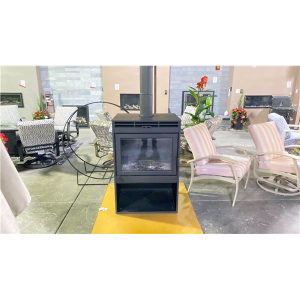 SUPREME NOVO 38 WOOD STOVE WITH SOAPSTONE PANELS AND PODIUM BASE. 1.85 G/H, HEATS 500-2500 SQ FT,