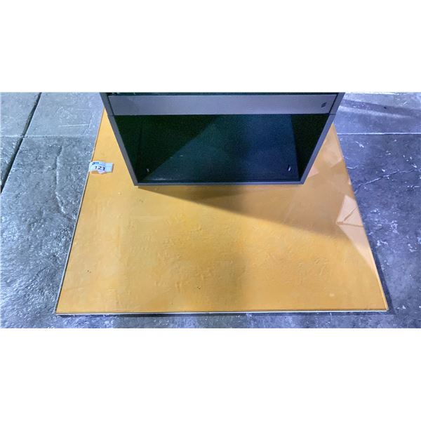 47"X54" CLEAR 1 CM THICK GLASS FIREPLACE BASE (NOTE THIS PIECE IS ON A COLORED BOARD WHICH IS WHY