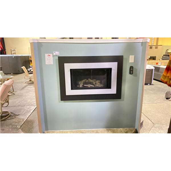 VALOR H4 SERIES FIREPLACE. BLACK OUTER LANDSCAPE SURROUND, POWDER COATED NICKEL INNER BEZEL, FLUTED