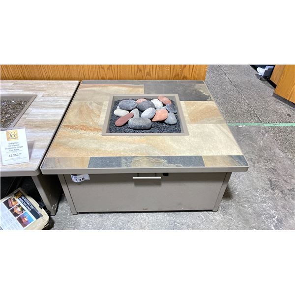 OWLEE CREIGHTON 42" SQUARE OCCASIONAL HEIGHT FIRE TABLE. SANDALWOOD/QUARRY NATURAL TILE TOP & ROCK