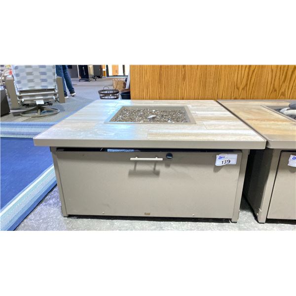 OW LEE CREIGHTON 42" SQUARE OCCASIONAL HEIGHT FIRE TABLE. SANDALWOOD/MYRTLE BEACH TILE TOP & SMOKE