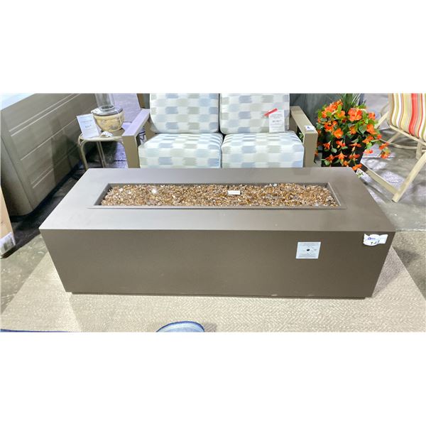 OW LEE FORMA 25"X65" OCCASIONAL HEIGHT PROPANE FIRE TABLE. SABLE WITH ESPRESSO GLASS.