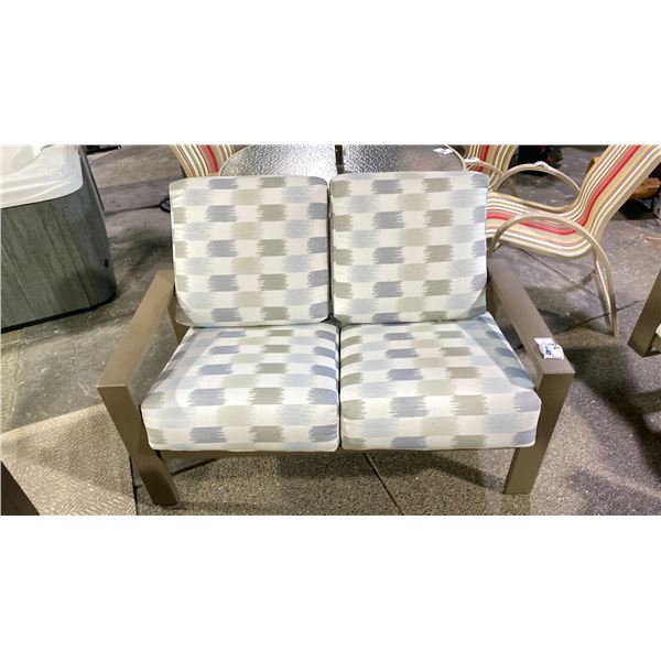 TELESCOPE CASUAL LARSSEN CUSHION LOVESEAT. BEACHWOOD COLOR FRAME AND DREAM MIST FABRIC. TEXTURED