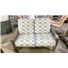 Image 1 : TELESCOPE CASUAL LARSSEN CUSHION LOVESEAT. BEACHWOOD COLOR FRAME AND DREAM MIST FABRIC. TEXTURED