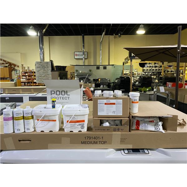POOL MAINTENANCE KIT. TEST STRIPS, ZAP, ALK BALANCER, SPARKLE, STABILIZER +, 2 X END ALGAE, AQUA