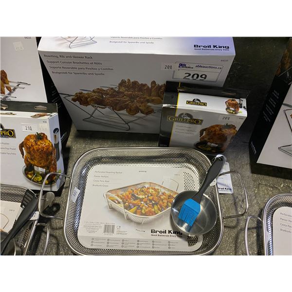 GROUP LOT ROASTING/RIB/SKEWER RACK, CHICKEN ROASTER, PERFORATED ROASTING BASKET