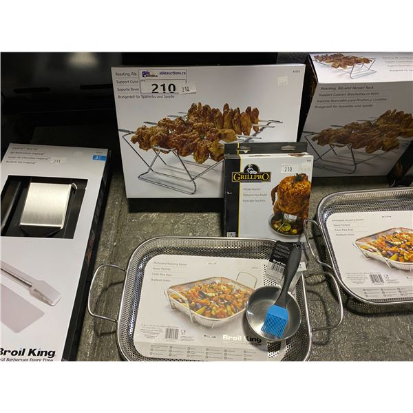 GROUP LOT ROASTING/RIB/SKEWER RACK, CHICKEN ROASTER, PERFORATED ROASTING BASKET
