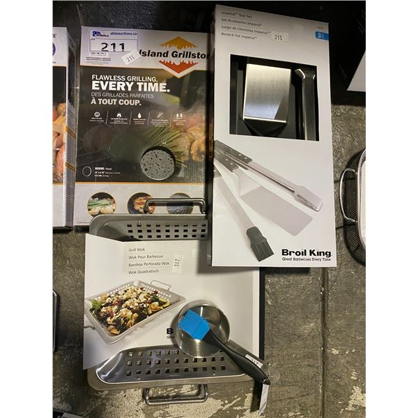 GROUP LOT NATURAL STONE COOKING STONE, GRILL WOK, IMPERIAL TOOL SET AND BASTER BRUSH SET