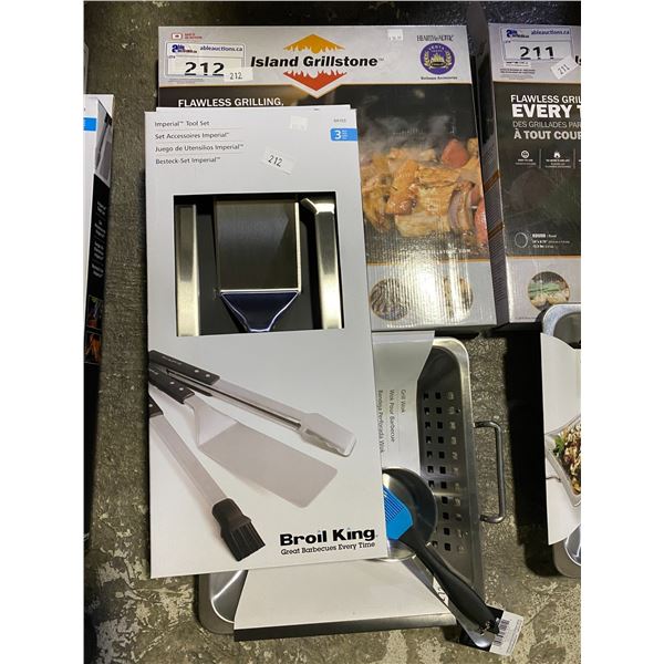GROUP LOT NATURAL STONE COOKING STONE, GRILL WOK, IMPERIAL TOOL SET AND BASTER BRUSH SET