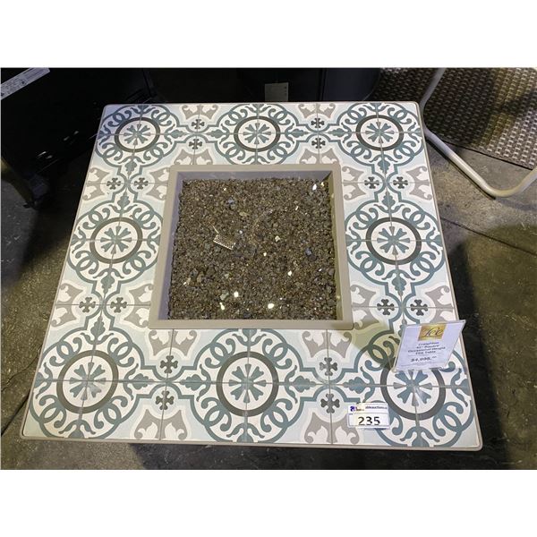 OW LEE CREIGHTON 42" SQUARE OCCASIONAL HEIGHT FIRE TABLE. DRIFTWOOD/VALENCIA TRULLO TILE TOP &