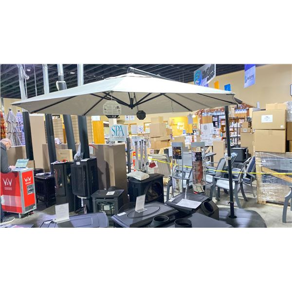 TREASURE GARDEN 10' CANTILEVERED OCTAGONAL UMBRELLA WITH WEIGHTED BASE. BLACK FRAME/STERLING FABRIC