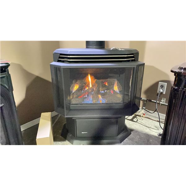 REGENCY ULTIMATE U39 GAS STOVE. SAFETY SCREEN, BLACK WRAP DOOR, NICKEL LOUVERS, BLACK STEEL