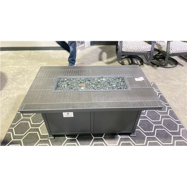 OW LEE VULSINI 30"X50" CHAT HEIGHT FIRE TABLE IN GRAPHITE/BLACKWOOD TOP & BLACK GLASS. INC COVER.