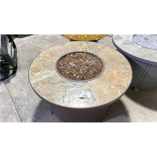 OW LEE VULSINI 42" ROUND CHAT HEIGHT FIRE TABLE IN ESPRESSO/RUSTIC SLATE TILE TOP & ESPRESSO GLASS.