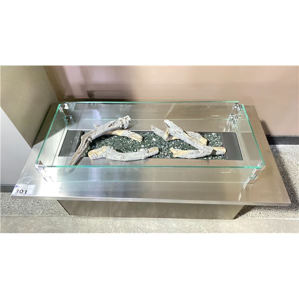 REGENCY PLATEAU COFFEE TABLE PROPANE FIRE TABLE. STAINLESS STEEL TOP, GLASS SURROUND AND CERAMIC