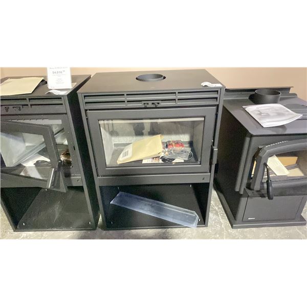 SUPREME NOVO 24 FREESTANDING WOOD STOVE. AS SHOWN WITH SOAPSTONE PANELS AND PODIUM. 1.77 G/H, HEATS