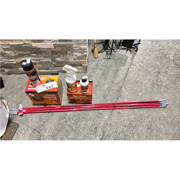 FIREPLACE CARE KIT. 20' CLEANING RODS, 6" CHIMNEY BRUSH, FIREPLACE GLASS CLEANER, FIREPLACE TOUCH