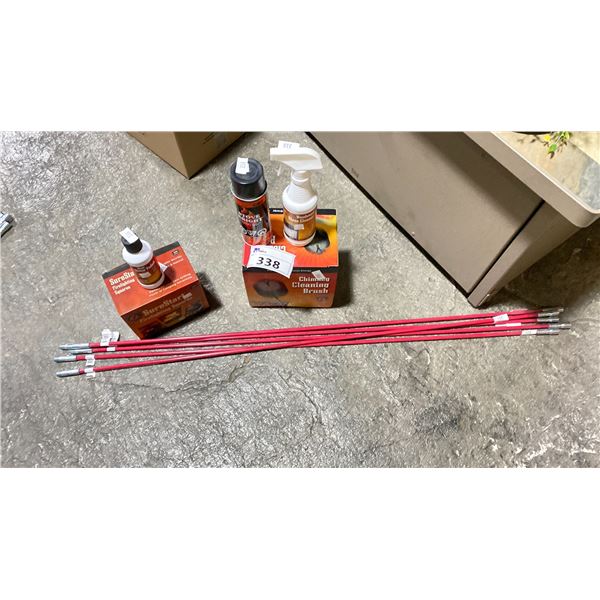 FIREPLACE CARE KIT. 20' CLEANING RODS, 6" CHIMNEY BRUSH, FIREPLACE GLASS CLEANER, FIREPLACE TOUCH