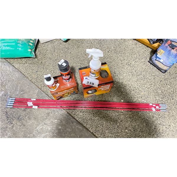 FIREPLACE CARE KIT. 20' CLEANING RODS, 6" CHIMNEY BRUSH, FIREPLACE GLASS CLEANER, FIREPLACE TOUCH