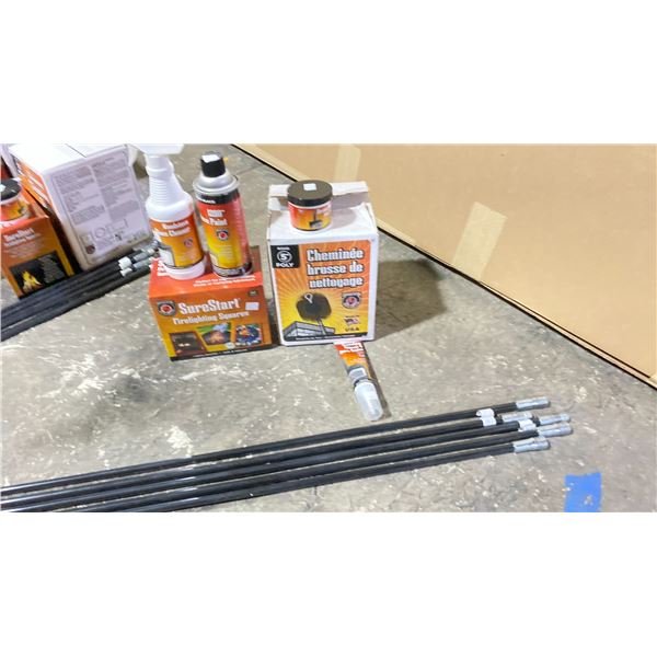 GROUP LOT 5" CHIMNEY CLEANING BRUSH WITH 20' OF POLES, SURESTART FIRELIGHTING SQUARES, WOOD STOVE