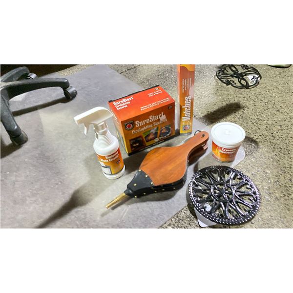 GROUP LOT WOODSTOVE/FIREPLACE CARE KIT. SMALL BELLOWS, SURESTART FIRELIGHTING SQUARES, MATCHES,