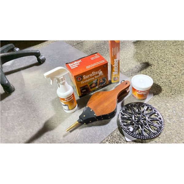 GROUP LOT WOODSTOVE/FIREPLACE CARE KIT. SMALL BELLOWS, SURESTART FIRELIGHTING SQUARES, MATCHES,