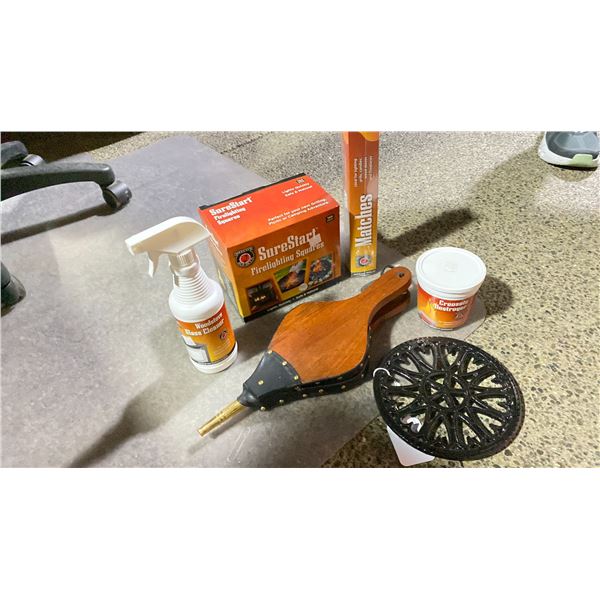 GROUP LOT WOODSTOVE/FIREPLACE CARE KIT. SMALL BELLOWS, SURESTART FIRELIGHTING SQUARES, MATCHES,